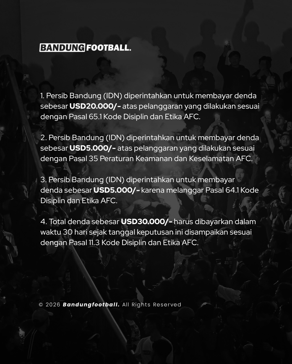 Welcome . . . . . . Denda AFC 😩

Persib kembali mendapatkan denda dari AFC, tak tanggung, senilai $30000 USD, akibat pembakaran flare, serta akses penonton yang agak terhambat di lorong stadion saat menghadapi Bangkok United FC, Desember lalu.

Kumaha, barudaks? Cik tertib yaah,