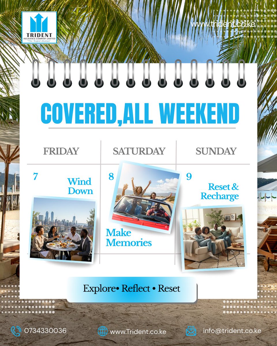 tridentIns's tweet image. From winding down on Friday , to recharging on Sunday , your protection stays in place.
 With Trident Insurance, you can enjoy every moment of your weekend worry-free. 🛡️✨
#WeekendVibes #TridentInsurance #WorryFreeWeekend #CoveredEveryStep #EnjoyLife #PeaceOfMind