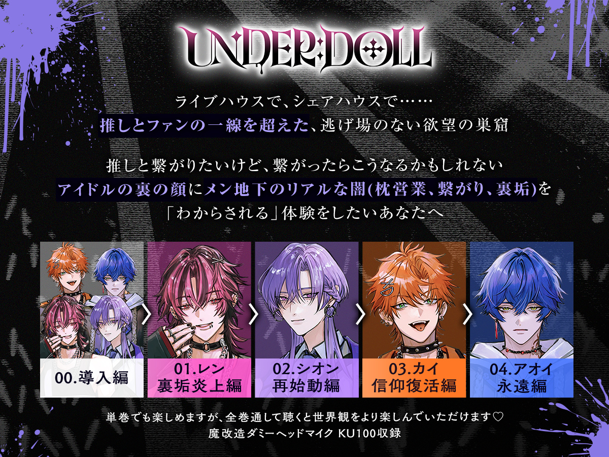 aoifromCandD's tweet photo. ✜. ━━━━━━━ .✜

『UNDER:DOLL』
　　試聴解禁

✜. ━━━━━━━ .✜

あなたの耳で確かめる「地獄」の入口

導入編のサンプルボイスを公開しました。
CV. 月山岳・凛星凛・猿飛総司・ 六条銀

▶️https://t.co/okjQEgVuM8

あなたの「推し」をリプで教えてください！
🩷 💜 🧡💙 https://t.co/biHNwGVldx