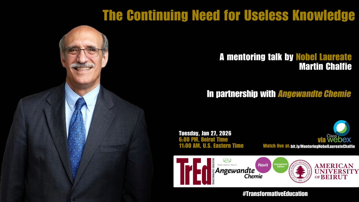 BilalRKaafarani's tweet image. I am very thrilled to host Chemistry Nobel Laureate Martin Chalfie for the 35th #Mentoring Talk @AUB_Lebanon on Tuesday, Jan 27th via WebEx.
Nobel Laureate Chalfie is the 7th Nobel Laureate to deliver a mentoring talk in our series.
The title of Prof. Chalfie’ mentoring talk is,