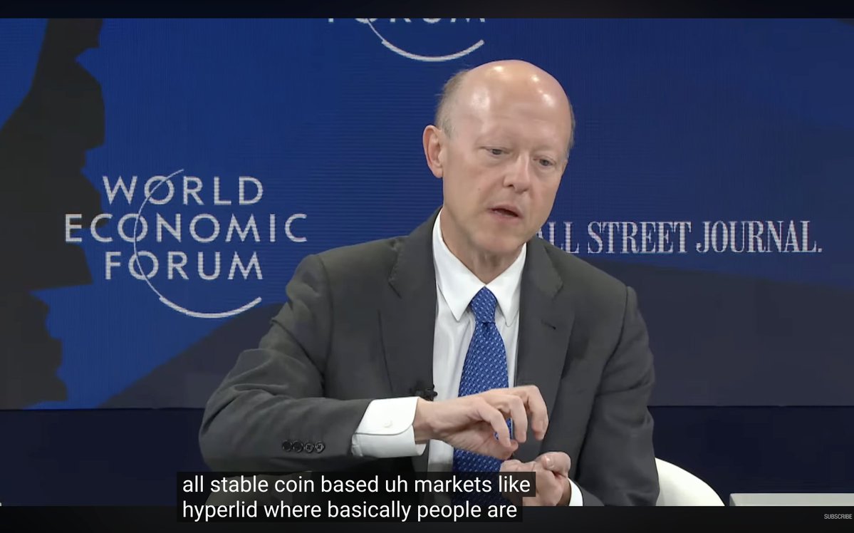 Hyperliquid mentioned at World Economic Forum 

"Tokenisation of other assets, whether it's goal, oil or other commodities is happening.... What we've seen is an explosion in on-chain markets that are stable-coin based. 

Markets like Hyperliquid where people are building