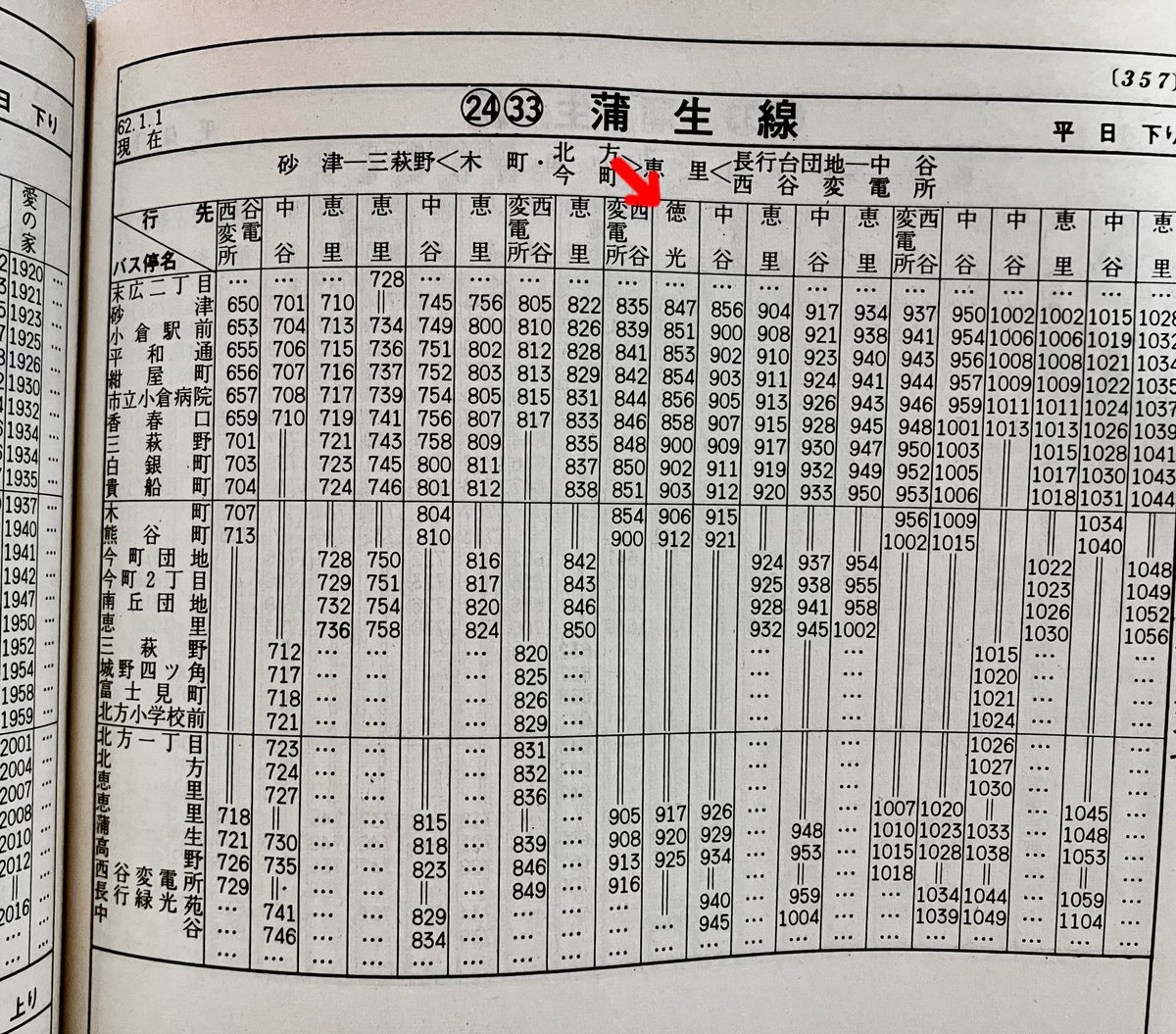 西鉄 車号表 1987年の西鉄時刻表北九州編より。 (24)蒲生線、朝の長行→徳光→長行