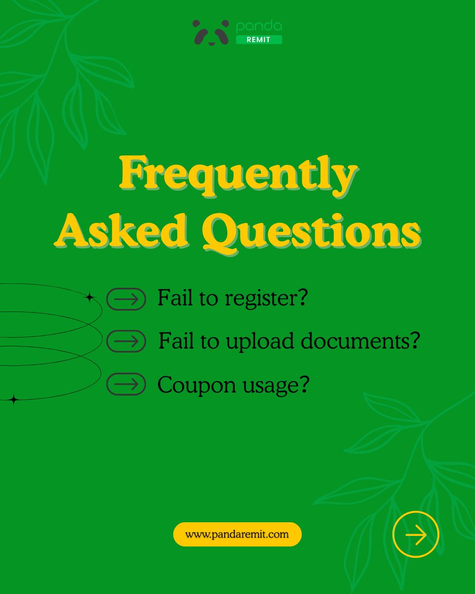 remit_panda's tweet image. 🔎 Remittance FAQs！
❓ Fail to register an account?
❓ Fail to upload documents？
❓ Coupon usage？
...
🛑 What’s your top remittance question?
📝 Drop a comment below —we’re all ears!

#FAQ #coupon #PandaRemit #Remittance #sendmoneyonline #moneytransferservice