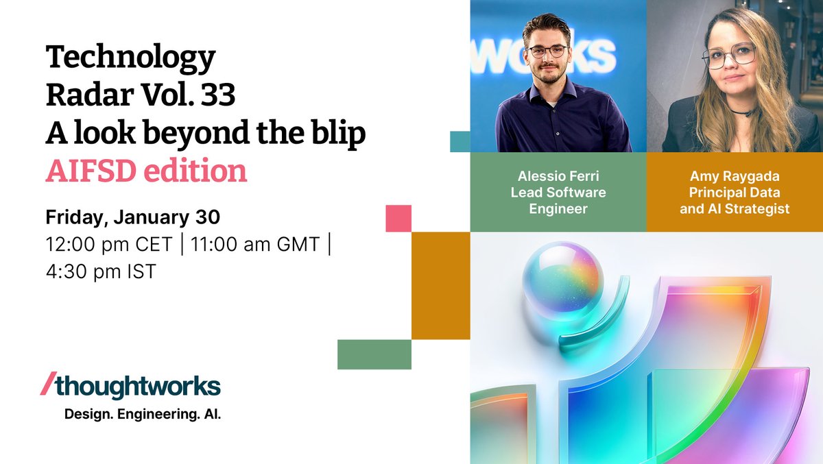 thoughtworks's tweet photo. The latest #TechRadar confirms the era of AI-First Software Delivery is here.
Our webinar goes "Beyond the Blip" to focus on the AI workflow. Join Amy Raygada & Alessio Ferri as they share how to turn AI concepts into engineering reality.
Register: https://t.co/eFrkvYw6lq https://t.co/sPQ1T19Sf5