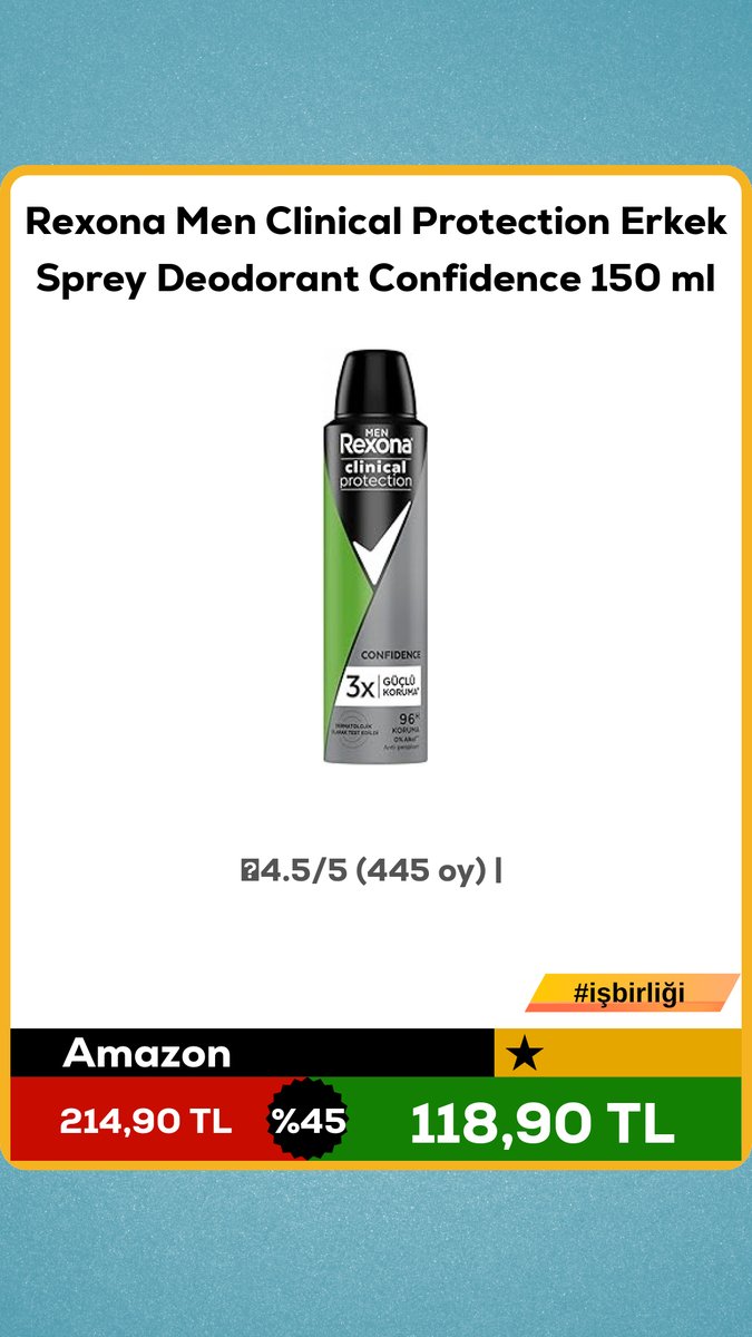 devindirim's tweet image. Rexona Men Clinical Protection Erkek Sprey Deodorant Confidence 150 ml

❌214,90 TL
✅118,90 TL

💲 % 45 indirim!
⭐4.5/5 (445 oy) | 
🛍 amazon
↪ evekonomisi.net/git/18657?utm_…

 isbirligi #erkek