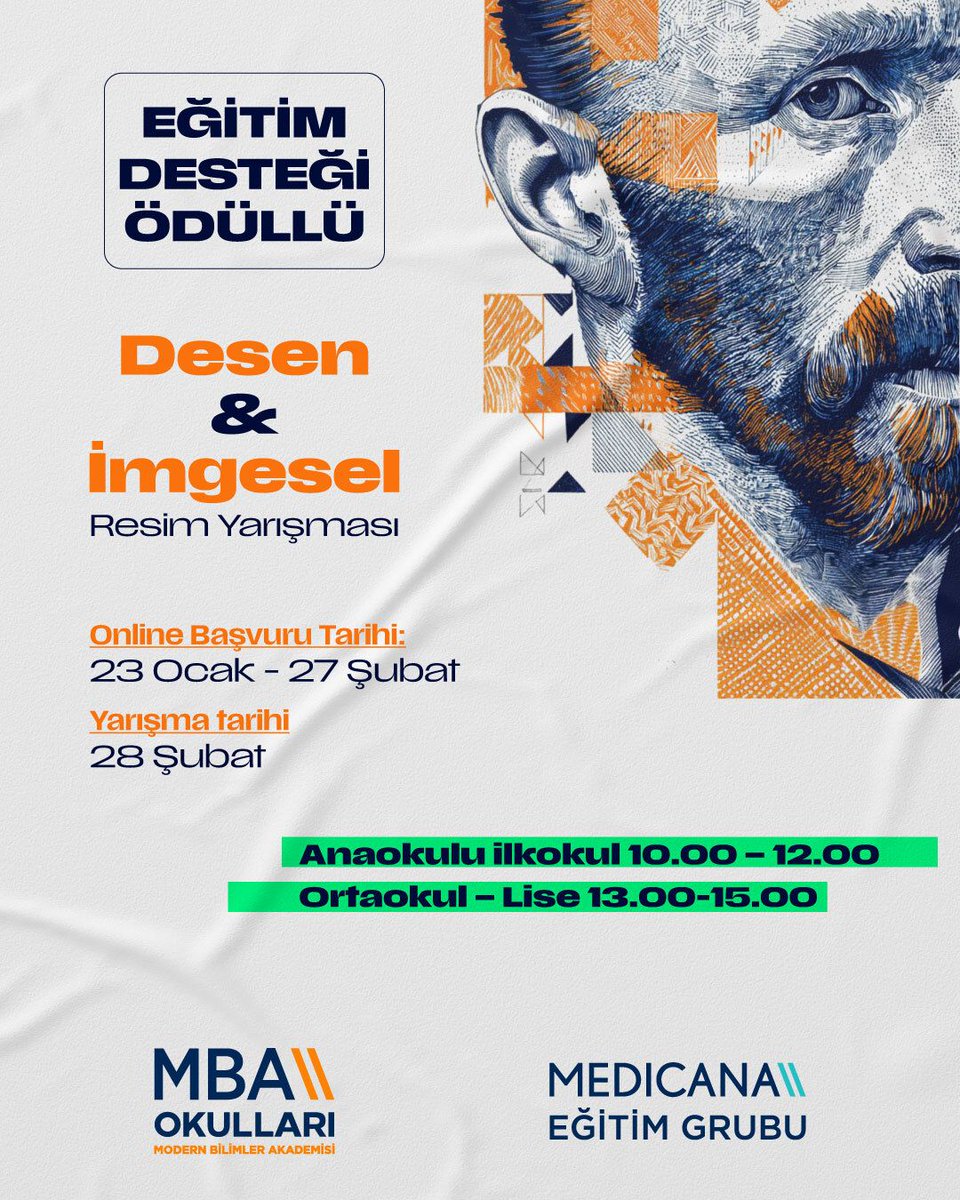 mbaokullari's tweet photo. MBA Okulları Resim Dâhilerini Arıyor!

Anaokulu, ilkokul, ortaokul ve lise öğrencilerinin katılımına açık olan MBA Okulları Eğitim Desteği Ödüllü Desen ve İmgesel Resim Yarışması 28 Şubat’ta!

#SENDEBAŞVUR

#MedicanaEğitimGrubu #MBAYenilikçiEğitimEkosistemi #BaşarıTasarımı https://t.co/TfK5teqt94
