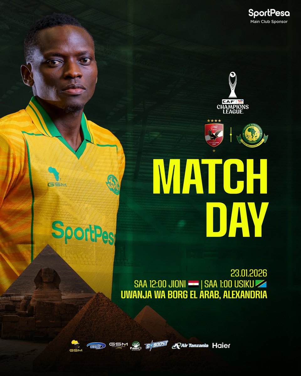 YoungAfricansSC's tweet photo. 🔰𝐌𝐀𝐓𝐂𝐇DAY🔰

🏆 #CAFCL
🆚 Al Ahly 
🗓️ 23 January 2026
🏟️ Borg El Arab 
⏱️ 12:00 Jioni🇪🇬 | 1:00 Usiku🇹🇿

#TimuYaWananchi 
#DaimaMbeleNyumaMwiko https://t.co/G8yTWH9FCP