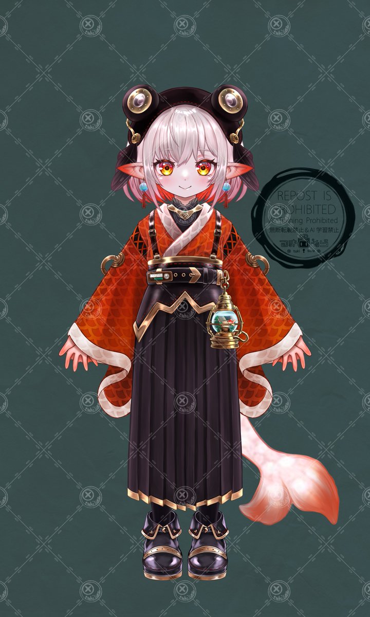 金魚デザインの女の子やっと立ち絵イラストできたので明日は久々にモデリングの作業配信をしようかと思ってます。