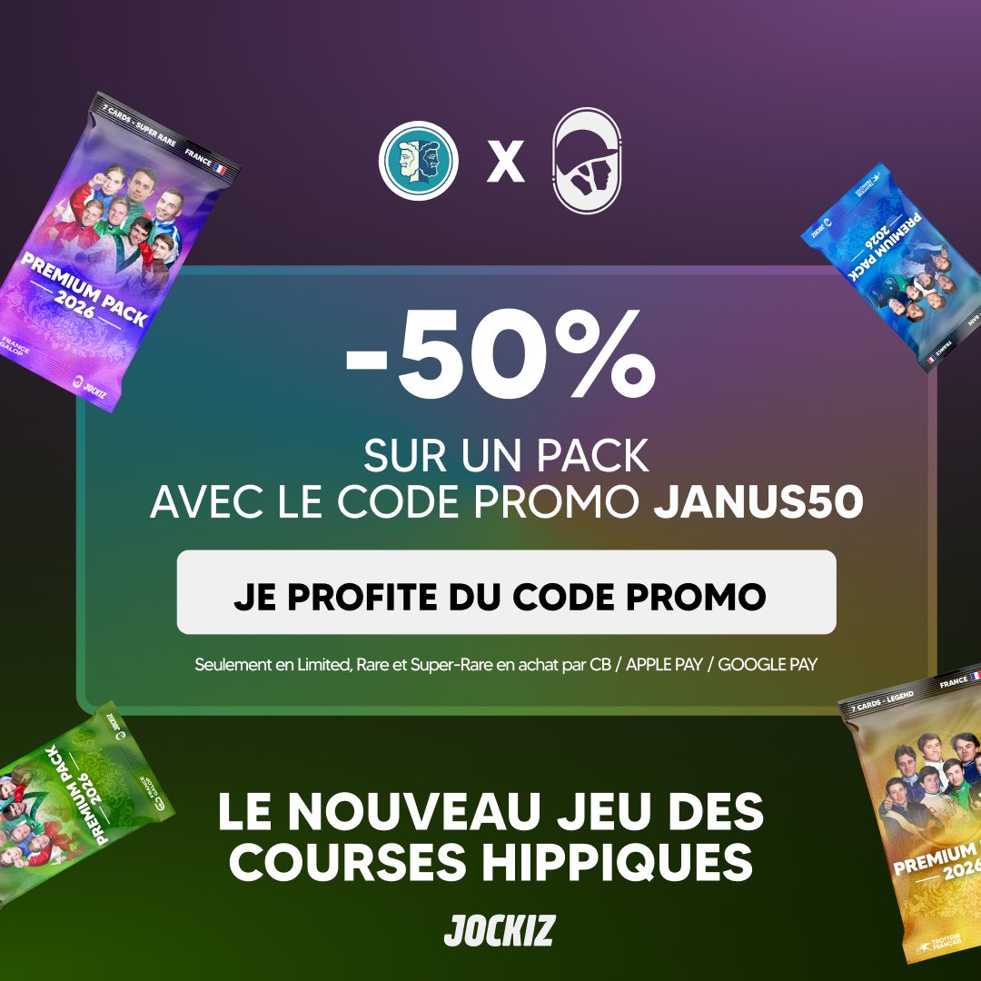 Janusport's tweet photo. N’hésitez pas à jouer avec nous à @Jockiz_game, le Sorare des courses hippiques !🤝

Tirage au sort ce soir de la carte de Cristian Demuro, Cravache d’Or 2025, dont la valeur est estimée à + de 60€ 👀 

Utilisez notre code promo JANUS50 pour avoir 50% de réduc sur l'achat par cb d'un pack ainsi qu'accès à notre discord : https://t.co/Fnm1VigMpk 👈

Collaboration commerciale