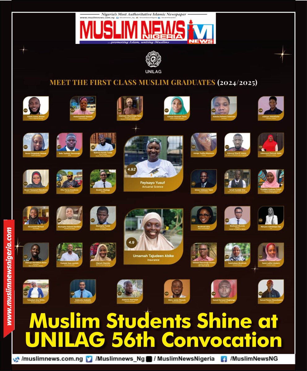 muslimnews_NG's tweet photo. Muslim students excel at #UNILAG 56th convocation as MSSN, staff adviser urge graduates to uphold faith, integrity
Muslim students have consistently distinguished themselves academically over the years
https://t.co/sDiovwUU1w
#UNILAG2025Convocation #unilagconvocation #Oscars https://t.co/twmwpJ5EvI