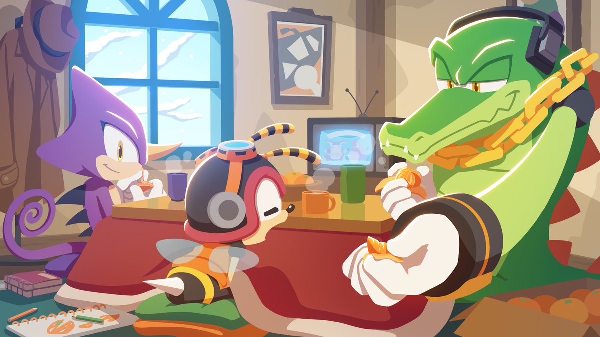 SonicOfficialJP's tweet image. 晴天に粉雪舞う、静かな休日の昼下がり⛅️
「こたつ」を買い入れた
カオティクス探偵事務所の面々が
早速その暖かな魔力に魅了されています

「見るか食うか寝るか、どれかにしろよなチャーミー」
「うーん…ふにゃ～」🥱

何もない、ただ暖かくて幸せな時間がゆるゆると流れていきます🏠

#sonicpict