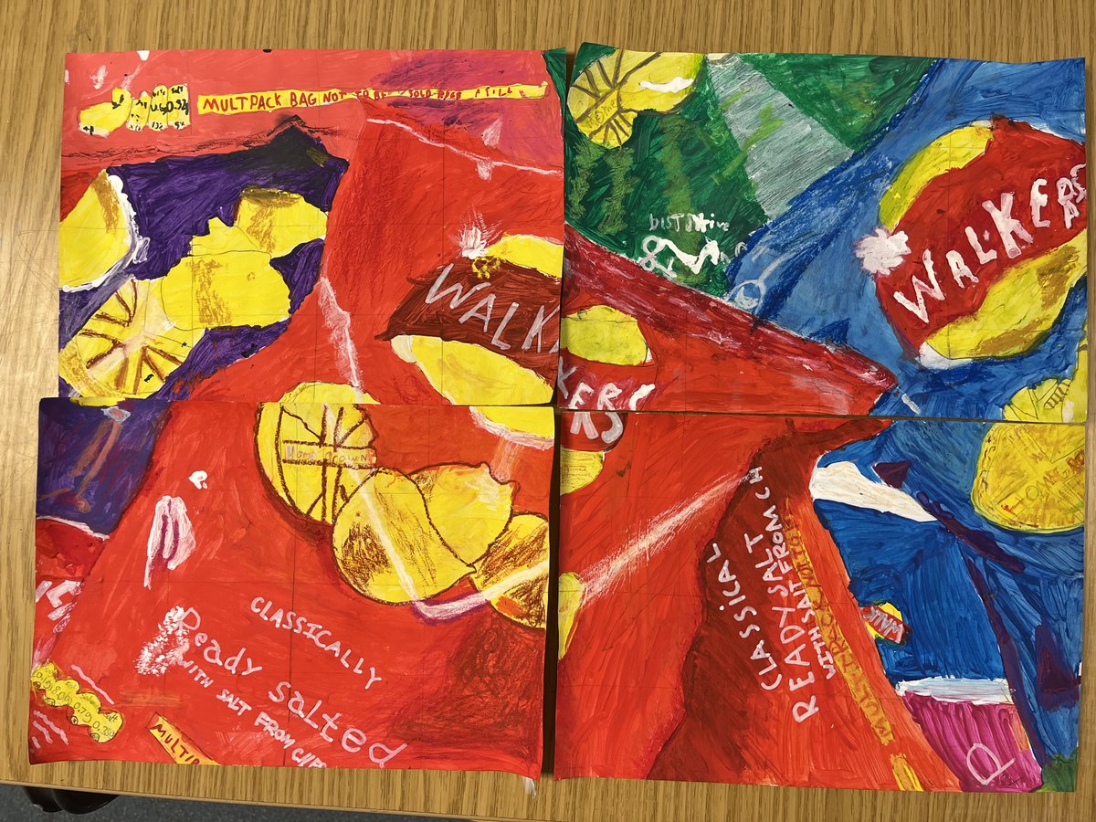 DurlstonArt's tweet photo. #DurlstonYr5 have excelled with their packaging paintings and were delighted to see their efforts with the 'grid method' paid off when the images came togther. @Artsmarkaward #Durlstoncreate https://t.co/ugVYMjfZER