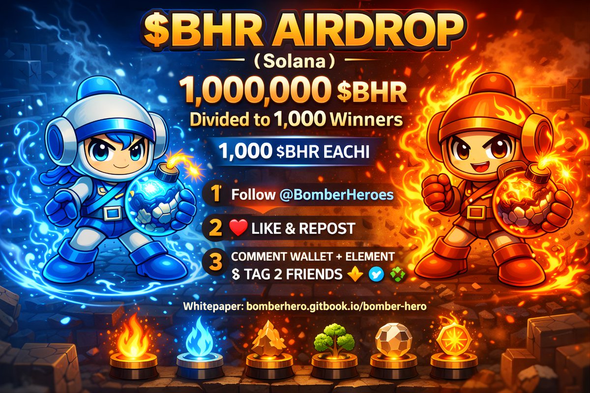 bomberheroes's tweet image. 🎁 $BHR AIRDROP WARM-UP (Solana)

We’re allocating 1,000,000 $BHR to the community — split across 1,000 winners (1,000 $BHR each).

To join the early list:
1) Follow @bomberheroes
2) Like + Repost
3) Reply with your Solana wallet + your element (Fire/Water/Earth/Wood/Metal) + tag…