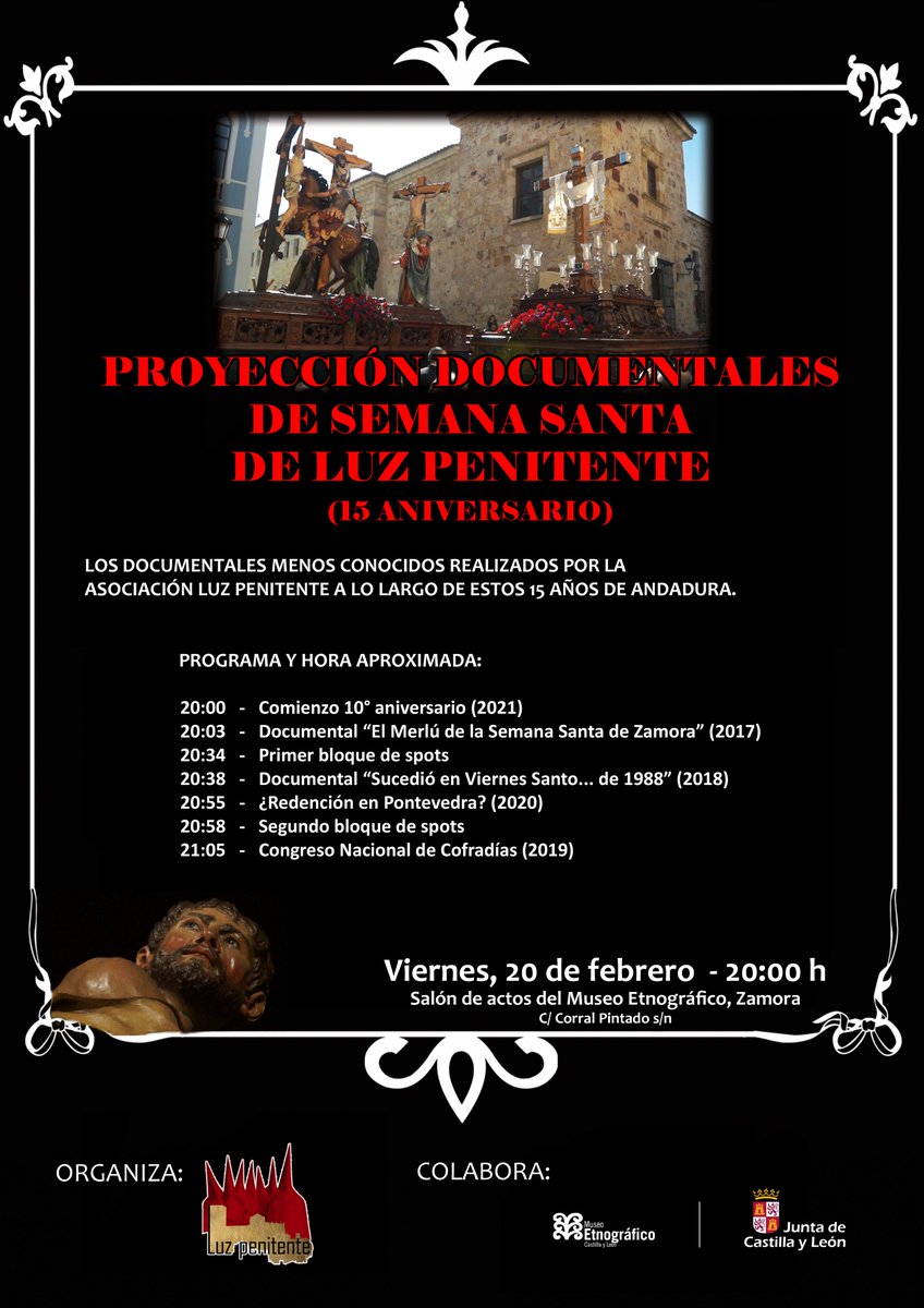 🎂 Luz Penitente repasa, con motivo de su 15 aniversario, varios de los documentales que fueron estrenados y proyectados a lo largo de sus quince años de vida. 
 
🗓️ VIE 20/02 a las 20:00 en @Muset_CyL 

⏳ Duración aproximada: 90 minutos