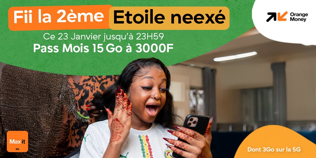 orange_sn's tweet photo. Promo 15Go de connexion, ci mbegté Champions d’Afrique sans forcer ! 😎

Ce 23 janvier jusqu’à 23H59, achète un pass 12Go à 3000F et bénéficie du bonus de 3Go valable 30 jours.

Amul cétadire, dawal gaaw ci sa application Max it : https://t.co/dN2cQMN90W 

#Ibou https://t.co/jQHmodeVub