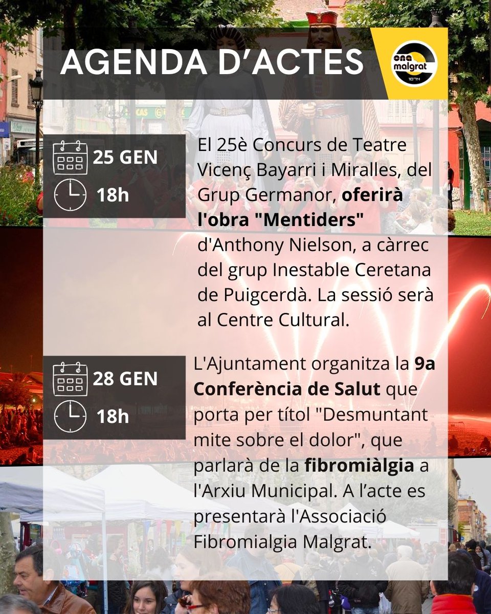 ℹ️ Consulta l’agenda d’activitats culturals dels pròxims dies, amb projeccions cinematogràfiques, obres teatrals i una conferència sobre la fibromiàlgia 📽️🎭🏥