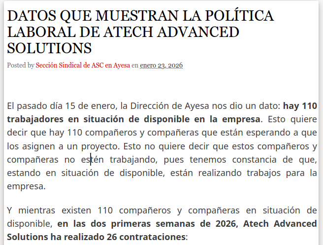 DATOS QUE MUESTRAN LA POLÍTICA LABORAL DE ATECH ADVANCED SOLUTIONS
asc-ayesaat.blogspot.com/2026/01/datos-…

<a href="/AyesaNews/">Ayesa</a> #Ayesa #TIC #Ingenieria #Consultoría 

<a href="/ASC_Sevilla/">ASC Sevilla</a> <a href="/ASCsindicato/">Alternativa Sindical de Clase</a>