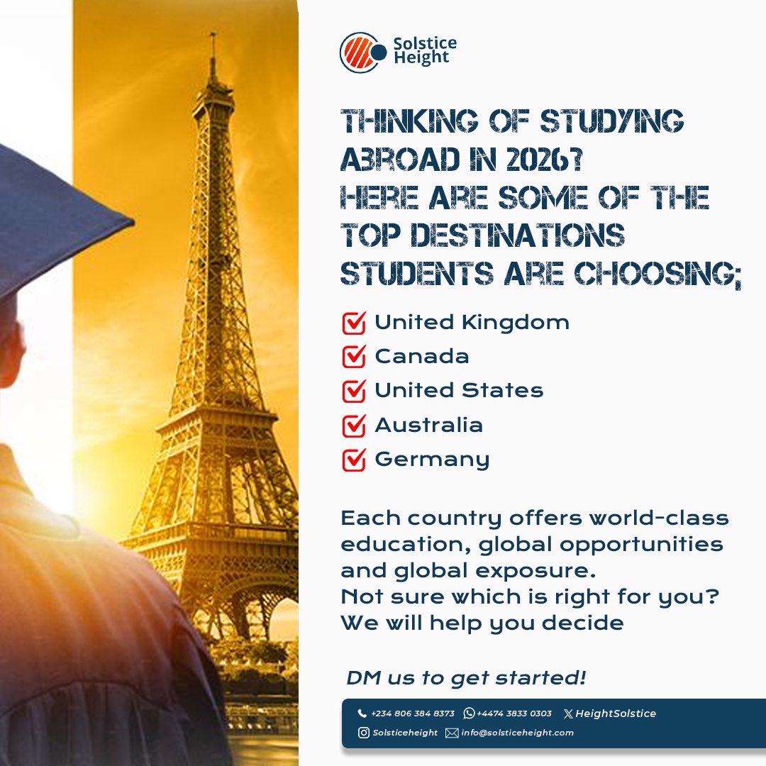 HeightSolstice's tweet image. Thinking of studying abroad in 2026?
Let’s help you choose the right country, course, and path.🎓

#StudyAbroadSupport #TrustedGuidance 
#StudyAbroadDreams #InternationalStudents #SolsticeHeightGlobal