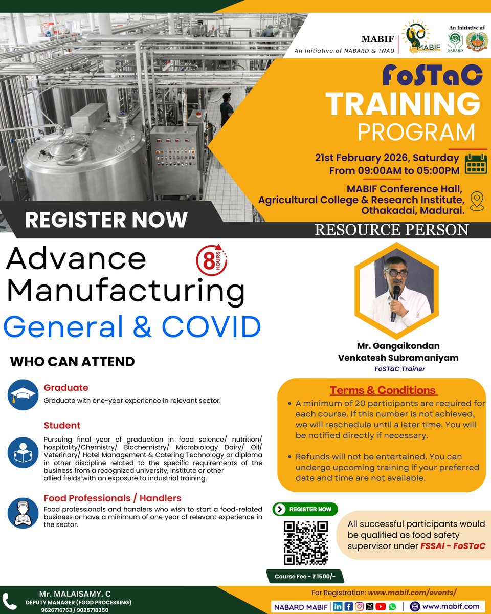 Unlocking Knowledge with NABARD MABIF's FoSTaC Training Programme!

Date: 21st February 2026
Time: 09:00 AM - 05:00 PM
Location: NABARD MABIF, AC&amp;RI, TNAU Campus, Madurai
Course Fee: Rs. 1500/-

Registration: mabif.com/events/ or forms.gle/CLf56KrVS2Qm3y…