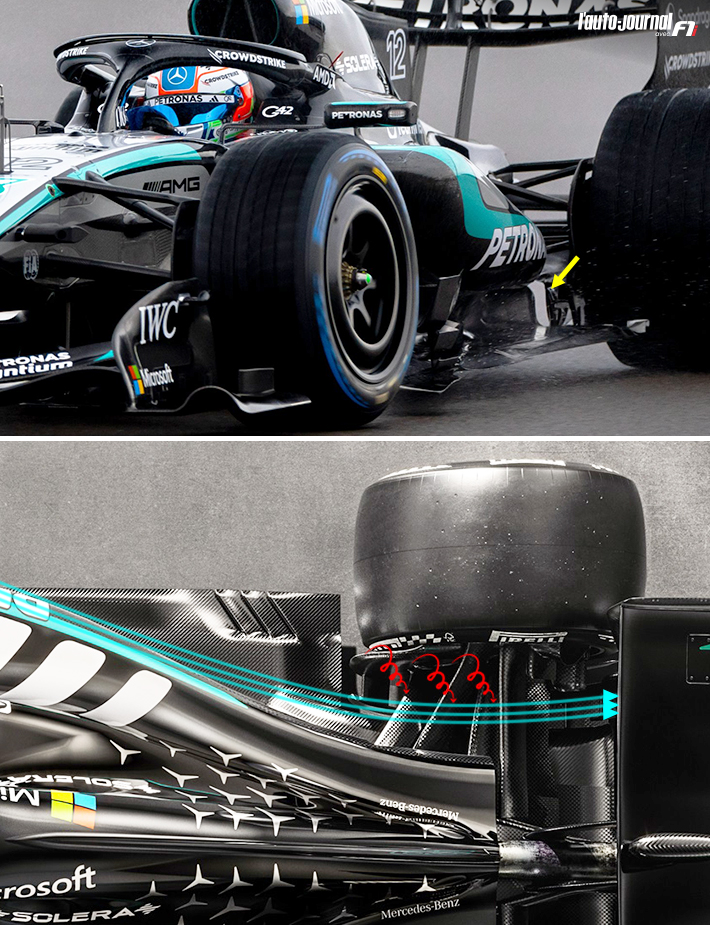 On the #Mercedes #W17, the fences seem to generate an energised airflow, helping to seal the inside of the diffuser from the ingress of the rear wheel squirt #F1