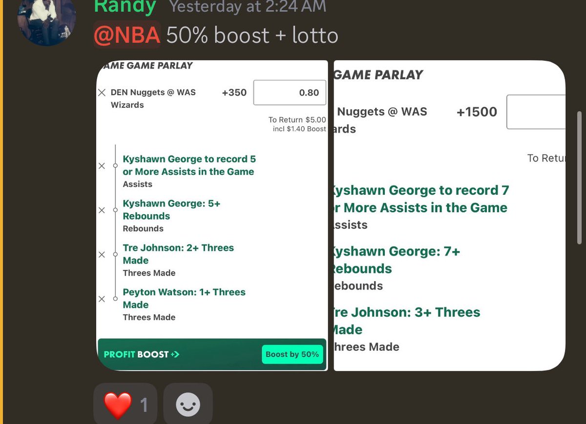 RandyPicks0's tweet photo. Bang MF BANGGG

+360 (+590 inc boost)✅
+900 ✅
+1500✅

Wow what a day
That’s 3 roughly +10u days in the last 4 days with profit every day for the last 5 📈

Link in bio for my picks for FREE tap in 

#nba #nbabets #nbapicks #nbaprops #nbaparlay #freebets https://t.co/q1WKDkQz3W