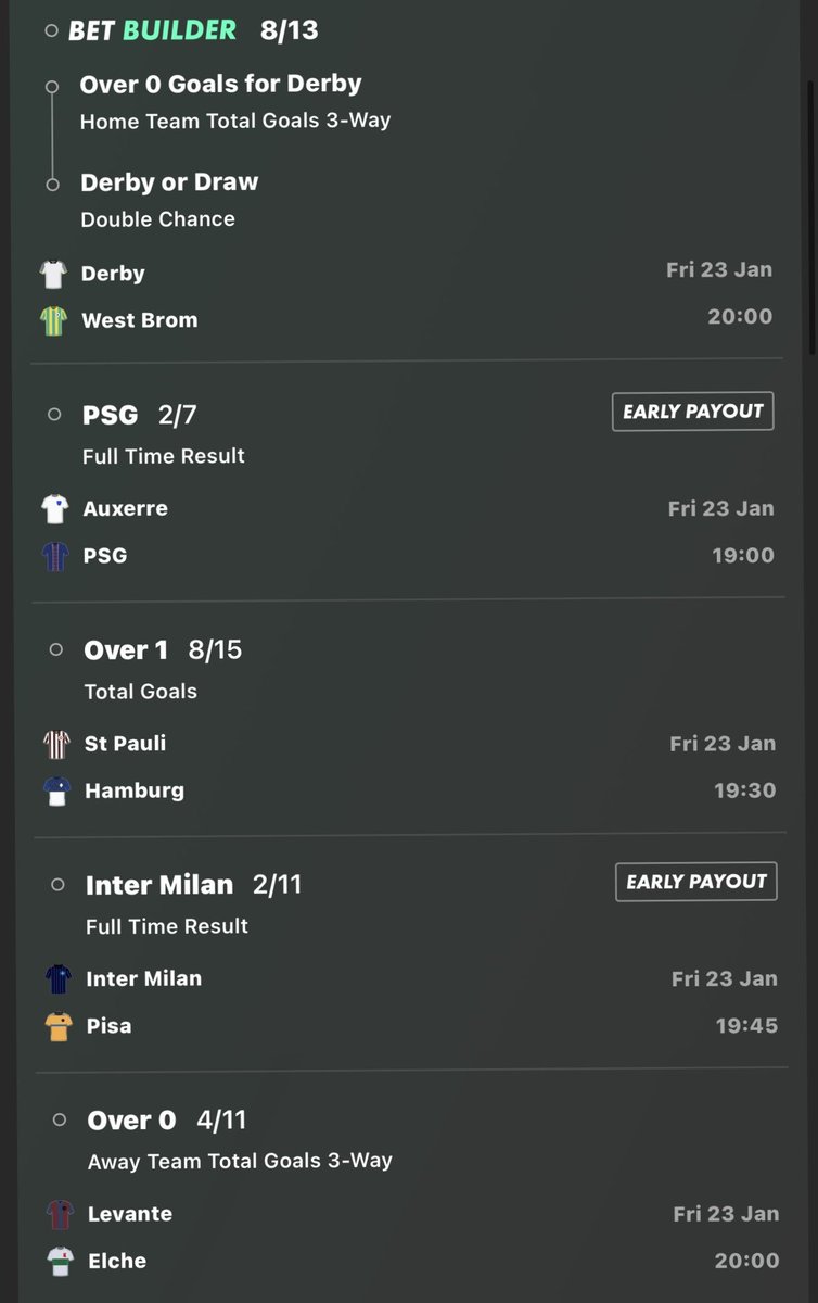 EVHtips's tweet image. ACCA OF THE DAY ✍️

📌 Derby vs West Brom
• Derby or Draw
• Derby Over 0 Team Goals

📌 Auxerre vs PSG
• PSG WIN

📌 St Pauli vs Hamburg
• Over 1 Total Goals

📌 Inter Milan vs Pisa
• Inter Milan WIN

📌 Levante vs Elche
• Elche Over 0 Team Goals