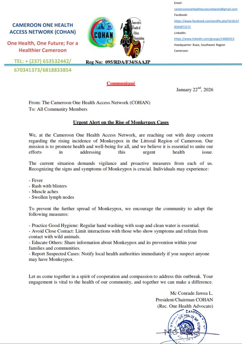 cohan2026's tweet photo. 🚨 Monkeypox Alert 🚨
COHAN reports a rise in cases in Cameroon’s Littoral Region.
⚠️ Symptoms: fever, blister rash, muscle aches, swollen lymph nodes
🛡️ Prevent: hand hygiene, avoid close contact, report suspected cases
Together, we can stop the spread.
#Monkeypox #COHAN https://t.co/FplgiBkSys