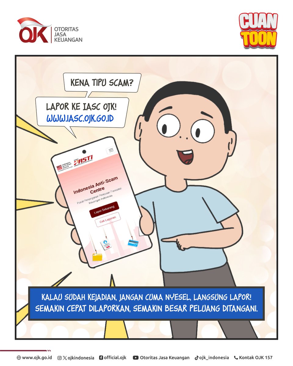 ojkindonesia's tweet photo. 👉 Swipe sampai akhir biar tahu langkah penting supaya nggak jadi korban dan rugi lebih besar!
#OJKIndonesia #CUANTOON #IASC #ScamAlert #PenipuanKeuangan https://t.co/cyNb9YRLA4
