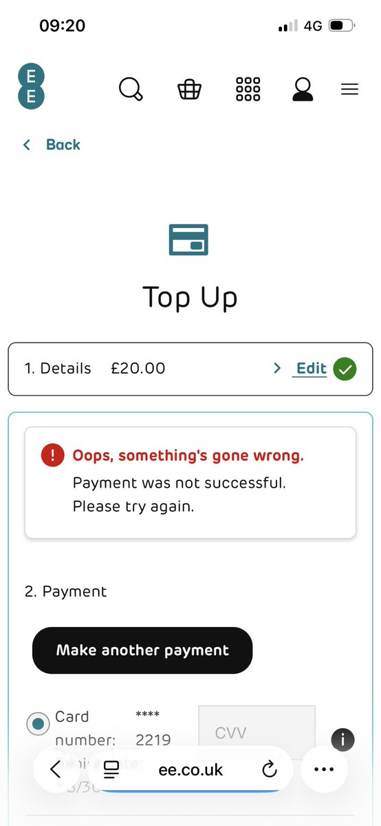 Welsh_Lion's tweet image. @EE - 3 hours now - unable to top up via app, website, fast top up or even texting CR to 150 - this is over 3 different phones and multiple saved cards on my EE account - what the heck is going on??