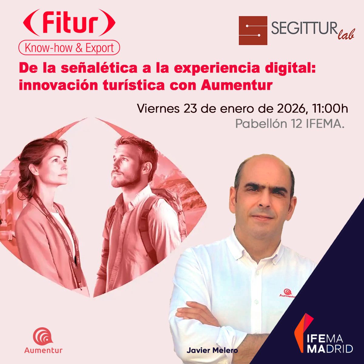 Aumentur's tweet photo. ¡Cita imprescindible!
🧠 Hoy a las 11:00h nos vemos en el taller de @SEGITTUR (Pabellón 12 @IFEMA) en @fitur_madrid  . @fj_melero  compartirá nuestra experiencia gestionando la red de #DestinosTurísticosInteligentes. más grande de la app. Te esperamos. 
#FITUR #FITUR2026 https://t.co/Znka4MCiwz