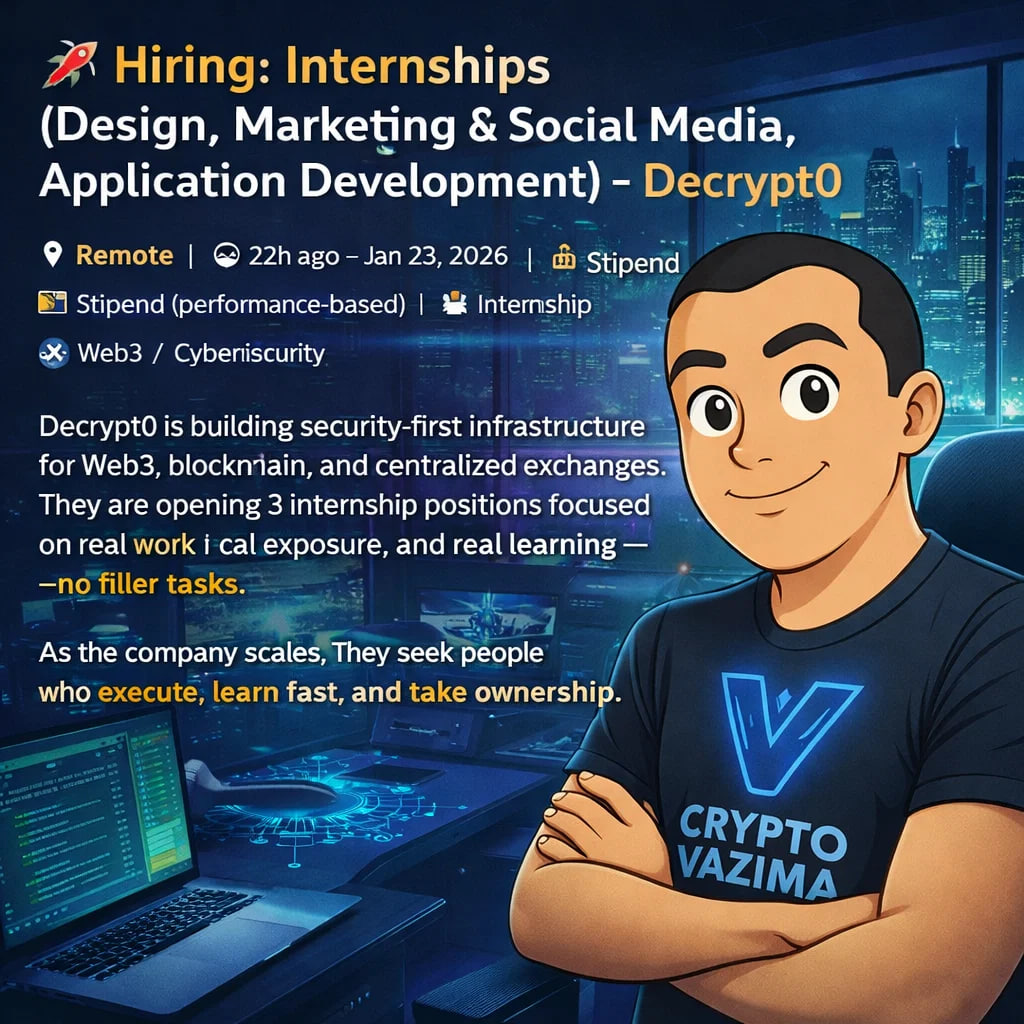 🚀 Hiring: Internships (Design, Marketing & Social Media, App Development)  — Decrypt0 📍 Remote | 💼 Internship | 🧑‍💻 Web3 / Cybersecurity | 💰  Performance-based stipend | 🕐 22h ago — Jan