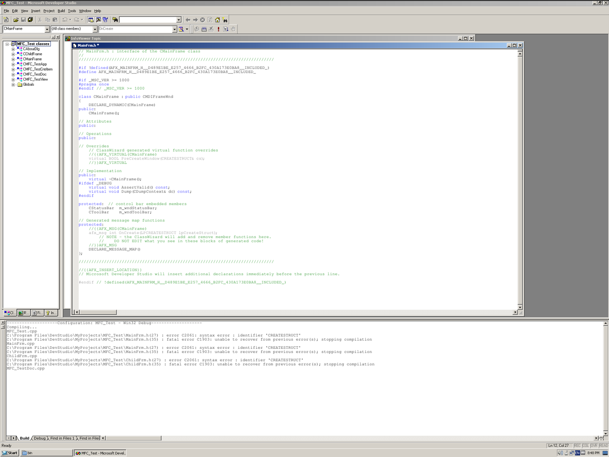 reactos's tweet image. Update:
Sample Win32 program with Visual C++ 5.0 could be compiled on #ReactOS.
However, compiling a MFC program did not: some fatal errors did occur inside Visual C and it froze. See the screenshots.

Test by Werru.