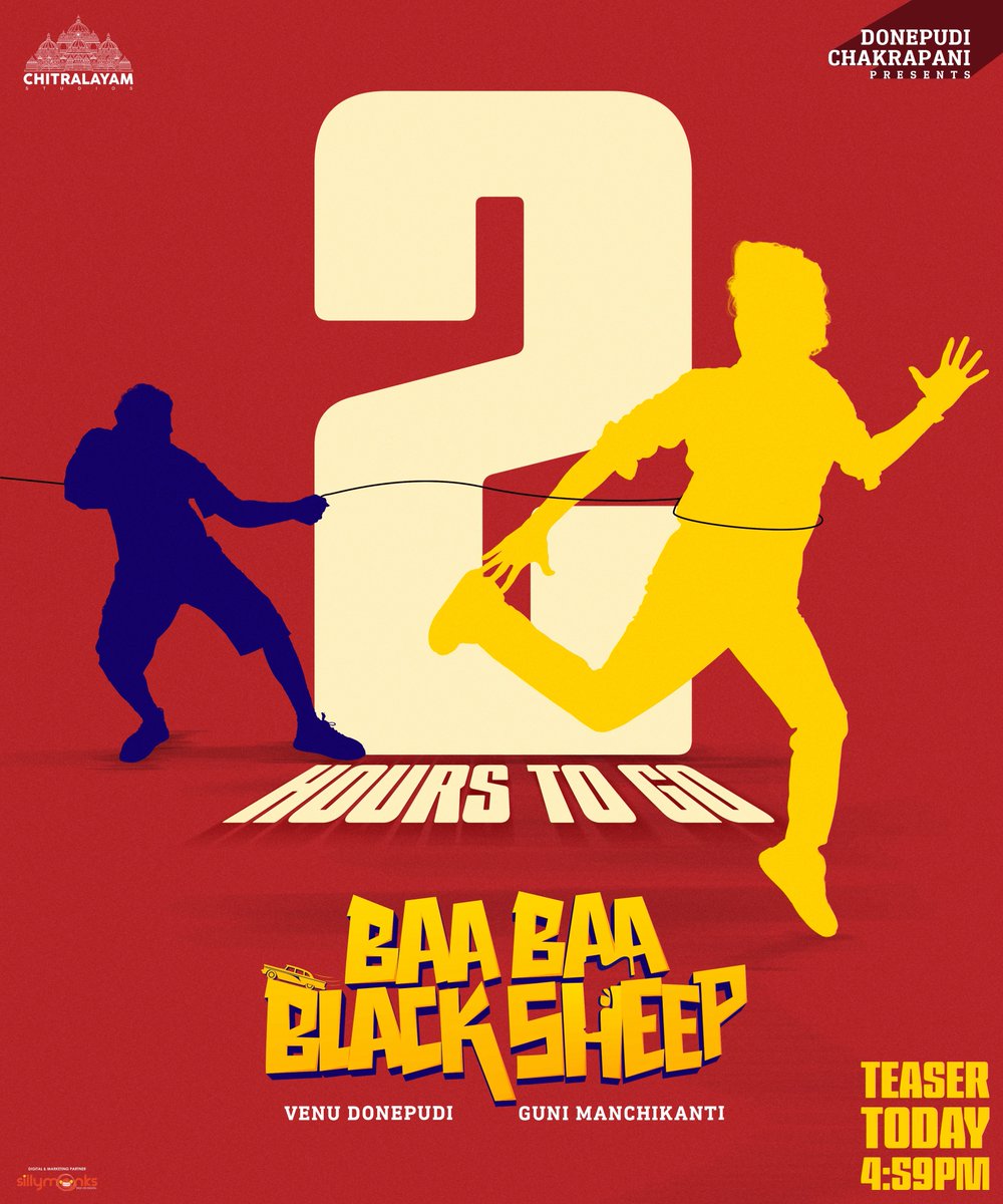 ChitralayamOffl's tweet photo. 2 hours. ⏳
Fun incoming. 🔥
#BaaBaaBlackSheep Teaser out TODAY at 4:59 PM.
#BBBSTeaser #WhoIsTheBlackSheep
@ChitralayamOffl @VenuDonepudi @ManchikantiGuni @swethadonepudi #KondalJinna #SatishMeka @AjayAbrahamGeo1 @arcado77 @sahisuresh @inagavijaykumar @saimaneendhar https://t.co/YCxi3u6Vuu