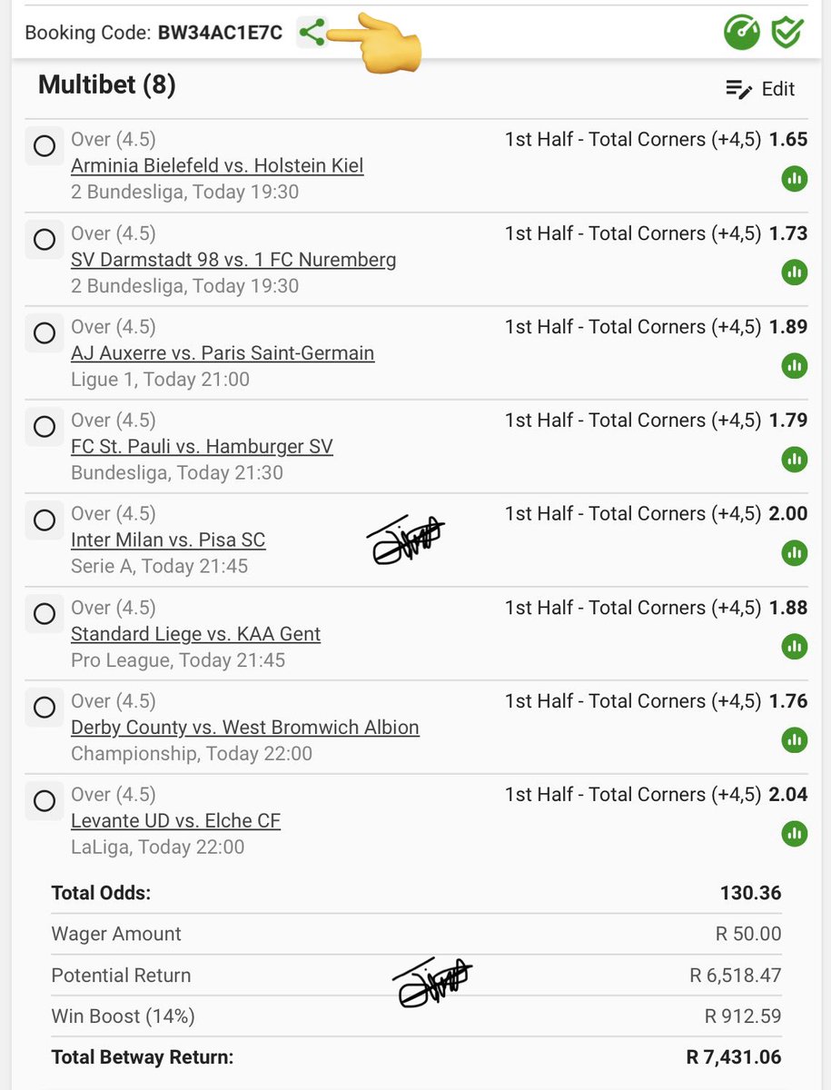 jimmyabza_za's tweet image. ⛳️𝐎𝐯𝐞𝐫 4.5 𝐂𝐨𝐫𝐧𝐞𝐫𝐬⛳️

⏰𝐊𝐢𝐜𝐤-𝐨𝐟𝐟: 19:30
🎟️𝐁𝐨𝐨𝐤𝐢𝐧𝐠 𝐂𝐨𝐝𝐞: BW34AC1E7C

🛜𝙍𝙚𝙜𝙞𝙨𝙩𝙚𝙧/𝙎𝙞𝙜𝙣 𝙪𝙥 𝙝𝙚𝙧𝙚: bit.ly/Jimmy_50

𝐒𝐢𝐠𝐧 𝐔𝐩 𝐂𝐨𝐝𝐞: Jimmy50

🔗𝐁𝐞𝐭𝐬𝐥𝐢𝐩 𝐋𝐢𝐧𝐤: new.betway.co.za/book-a-bet-res…

🔞+|𝕋&amp;amp;ℂ'𝕤 𝕒𝕡𝕡𝕝𝕪