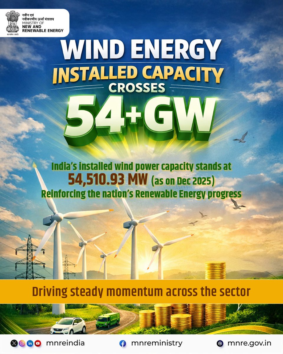 mnreindia's tweet image. Wind Energy Installed Capacity Crosses 54+ GW
India’s wind power capacity now stands at 54,510.93 MW, marking a strong step forward in the country’s renewable energy journey.

#WindEnergy #MNRE #RenewableEnergy #EnergyTransition