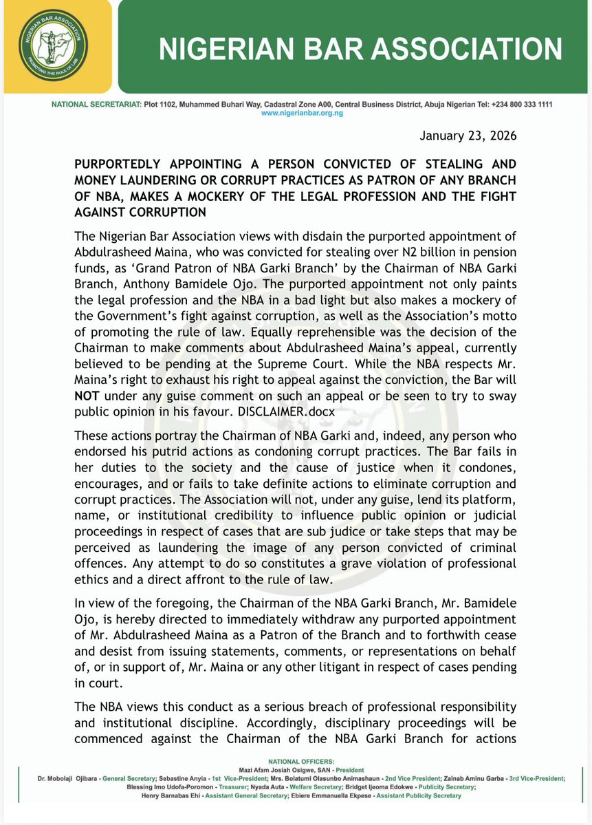 afamosigwe's tweet image. PURPORTEDLY APPOINTING A PERSON CONVICTED OF STEALING AND MONEY LAUNDERING OR CORRUPT PRACTICES AS PATRON OF ANY BRANCH OF NBA, MAKES A MOCKERY OF THE LEGAL PROFESSION AND THE FIGHT AGAINST CORRUPTION

The Nigerian Bar Association views with disdain the purported appointment of…