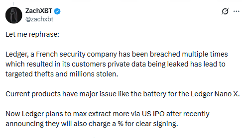 CoinRank_io's tweet image. ZACHXBT SLAMS LEDGER OVER DATA BREACHES AND USER LOSSES

On-chain investigator #ZachXBT publicly criticized #Ledger, accusing the hardware wallet maker of repeated data leaks that exposed user privacy and allegedly led to “millions of dollars” in losses.

He also questioned