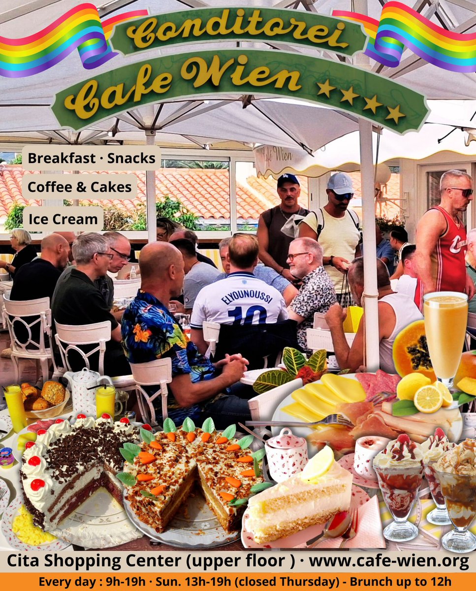 DunasMap's tweet image. ☕🍰 CAFÉ WIEN | AFTER BEACH, COFFEE &amp;amp; CAKES
The iconic gay terrace in Playa del Inglés
 cafe-wien.org
🇩🇪 Famous for its German-style cakes &amp;amp; pastries, all homemade in their own bakery.
Perfect for after-beach coffee, ice cream cups, or a full breakfast/brunch (until…