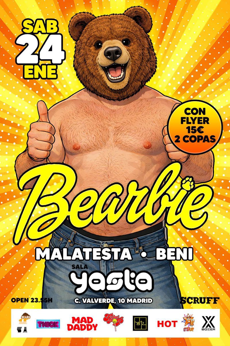 bearbiepop's tweet photo. 🐻✨ BEARBIE POP is coming!
Este sábado 24 de enero en Sala Yasta 💥
Con flyer 👉 15€ + 2 copas 🍹🍹antes de la 1:30pm

Puertas abiertas 23:45h

¿Listos para rugir? 😏🔥

#bearmadrid #bearevent #lgbtmadrid https://t.co/0vGpKols2F
