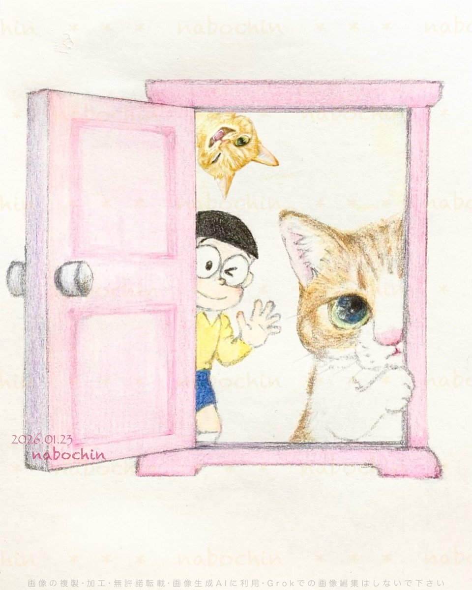 色をつける前 と 後 2枚目の左上の茶トラ猫くんは、 以前描いた絵を