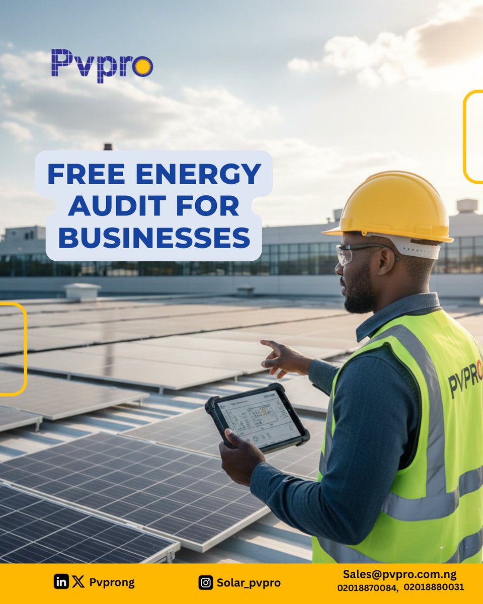 pvprocomng's tweet photo. Stop overspending on power in 2026.

Get a FREE energy audit with PVPRO and discover how to reduce costs, prevent outages, and improve reliability.

Smart energy. Lower bills. Zero downtime.

Limited slots — book now.

#PVPRO #EnergyAudit Jesus Wizkid #CryptoRecovery May Allah https://t.co/VzvIXwSQYg