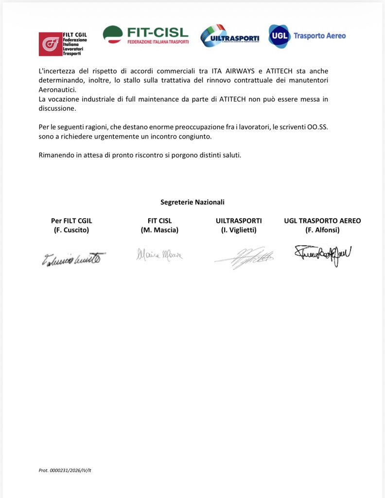Lettera unitaria ITA AIRWAYS - ATITECH :  Richiesta incontro attività manutenzioni presso scalo di Fiumicino 🔵🔵🔵