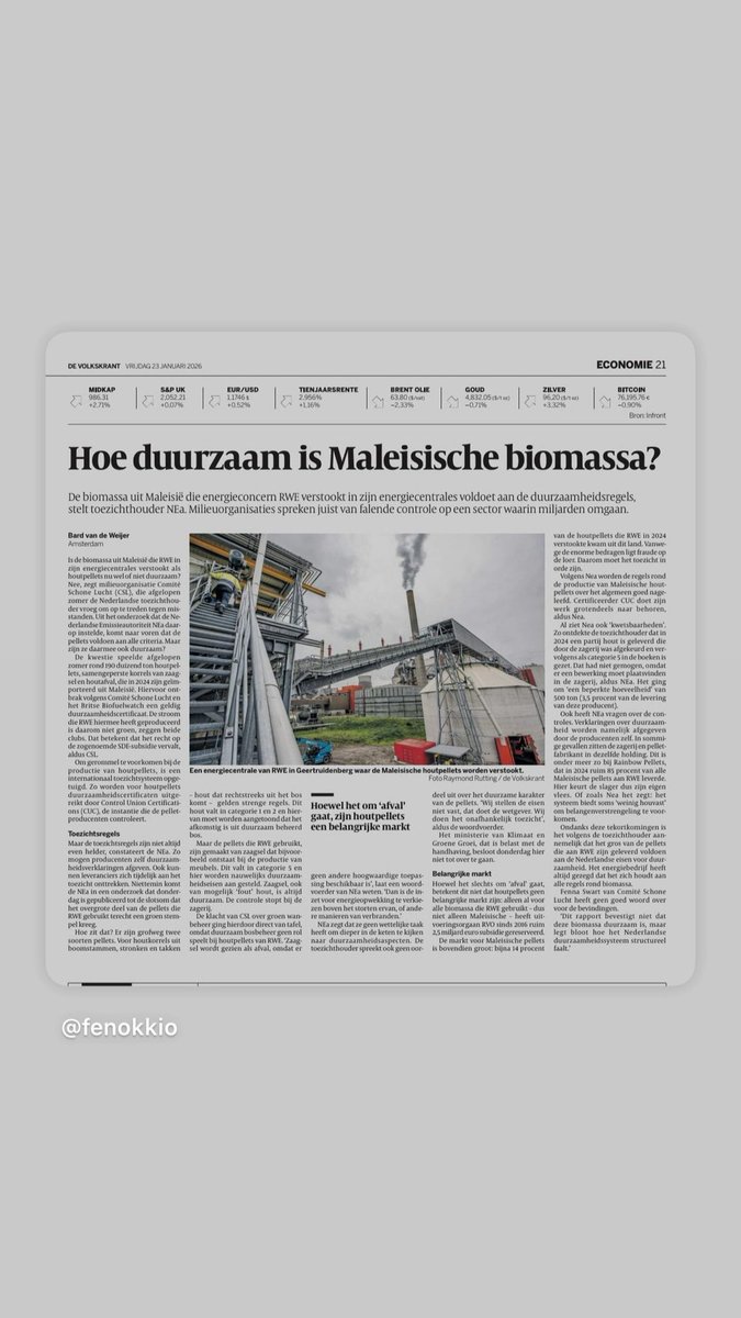 fenokkio's tweet photo. Is de biomassa uit Maleisië die RWE in zijn energiecentrales verstookt als #houtpellets nu wel of niet duurzaam? 

Nee, zegt Milieuorganisatie #ComitéSchoneLucht, dat afgelopen zomer de Nederlandse toezichthouder vroeg om handhavend op te treden tegen misstanden. 

Uit het onderzoek dat de Nederlandse Emissieautoriteit (#NEa) daarop instelde, komt naar voren dat de pellets voldoen aan alle criteria. En ook de #minister Sophie Hermans grijpt niet in. 

Maar is deze import van #biomassa daarmee ook #duurzaam?’ 

Comite Schone Lucht heeft geen goed woord over voor de bevindingen. ‘Dit rapport bevestigt niet dat de biomassa duurzaam is, maar legt bloot hoe het Nederlandse #duurzaamheidssysteem structureel faalt’ Hier is sprake van een ernstig gebrek aan ecologische realiteitszin. 

Vandaag in @volkskrant door BardvandeWeijer https://t.co/DsMEgaHWCQ #biomass #climate #energy #politics #milieurecht #bossen #biodiversiteit #certificering #subsidies #toezicht