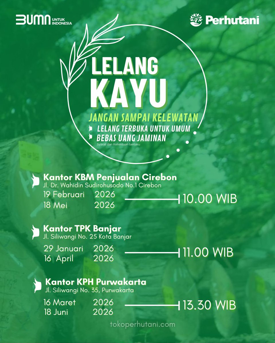 Hello sobat TokoPerhutani,

Lelang kayu hadir kembali loh, dan kali ini Mimin akan memberikan jadwalnya. Jadi catat baik-baik agar tidak kelewatan ya sob.

Untuk info lebih lanjut kamu bisa lihat informasi ini di website Toko Perhutani disini bit.ly/jadwallelangka…

#perhutani