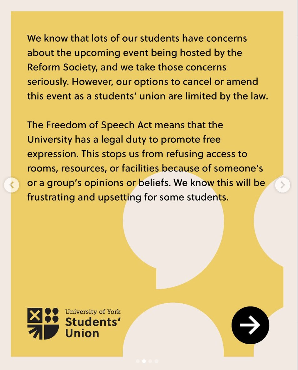 _ConnieShaw's tweet image. Student Unions are openly declaring their dislike of freedom of speech. In response to the creation of a @reformparty_uk society, here is York SU encouraging students to write to their MP to help change the law so that student unions do not have to uphold free speech.

And of…