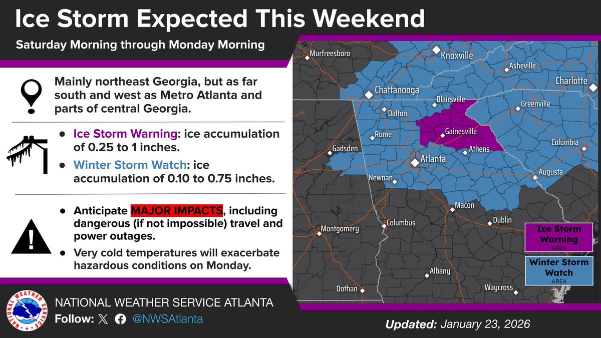 [ Friday morning update ] An Ice Storm Warning is now in effect for parts of northeast Georgia from Saturday afternoon through Monday morning, where ice accumulations from 0.25" to 1" are expected. #gawx (1/2)