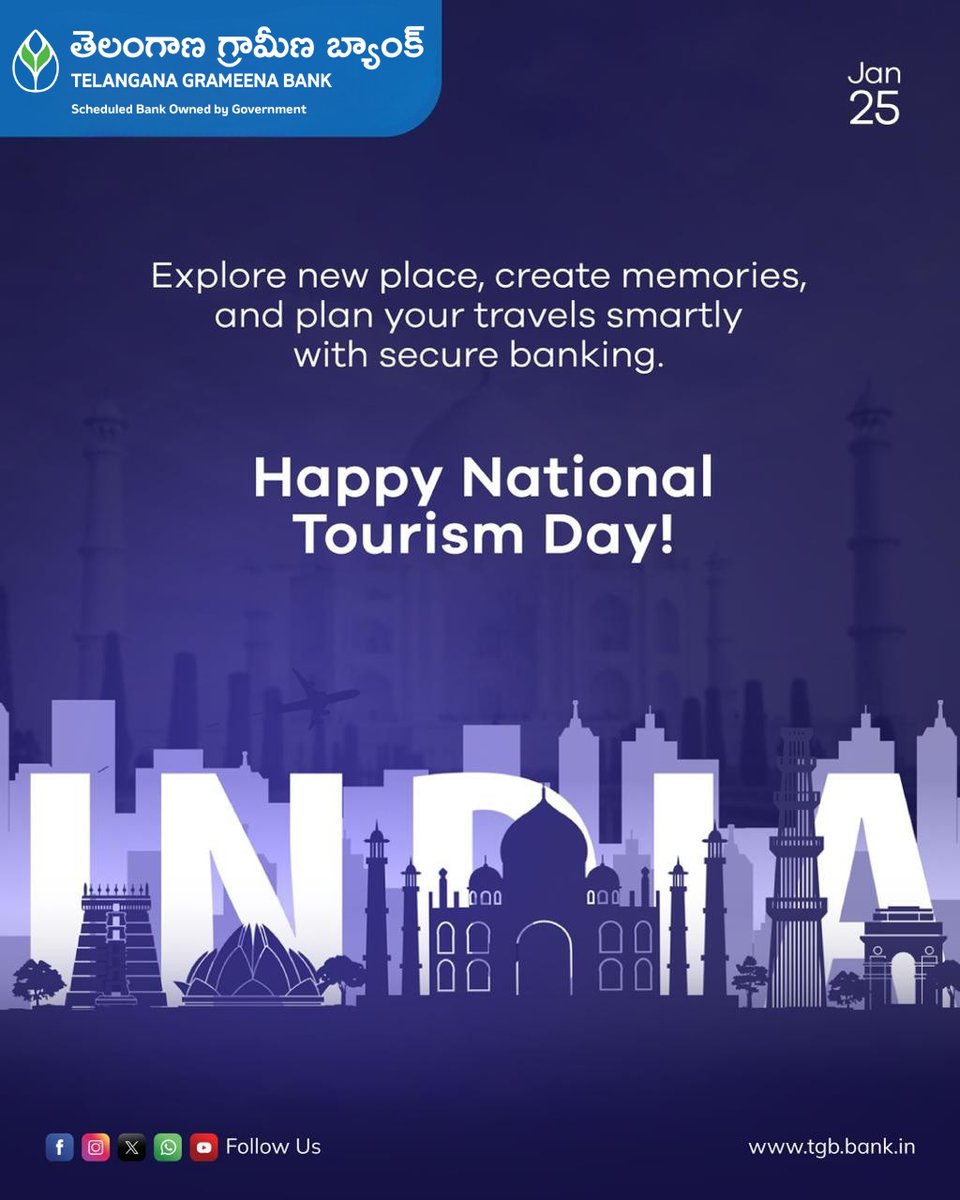 OfficialTGBHYD's tweet photo. Smart financial planning turns every journey into a seamless experience. Plan wisely for a perfect execution.
National Tourism Day
#nationaltourismday#TGBCares #tgbtalks #tgb #sbi https://t.co/qNELMPrc01