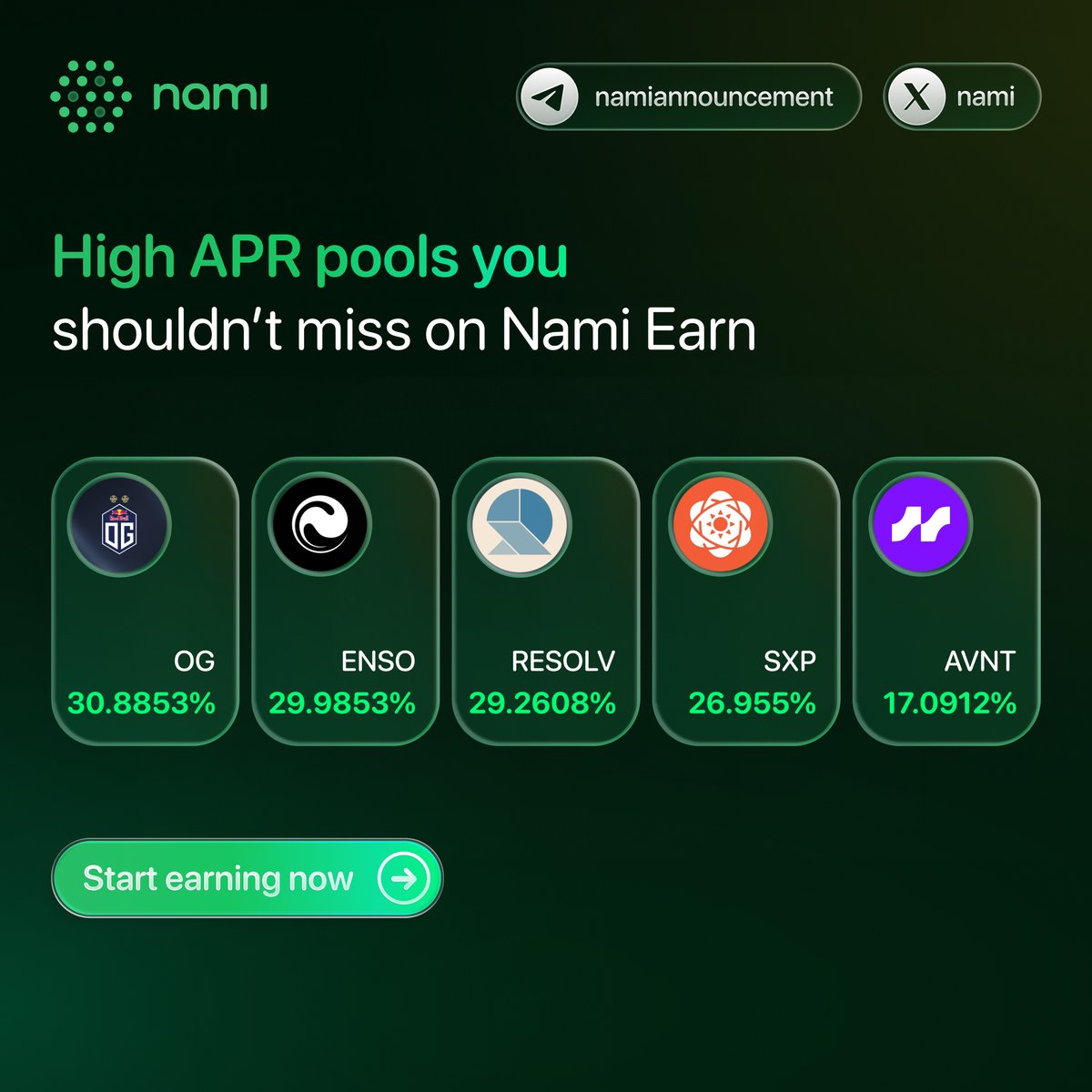 NamiExchange's tweet photo. High APR pools you shouldn’t miss on Nami Earn 🚀

$OG, $ENSO, $RESOLV, $SXP & $AVNT are leading the way with yields up to 30.88% APR.

👉Start earning today.
#NamiEarn #HighAPR #CryptoEarn #YieldFarming