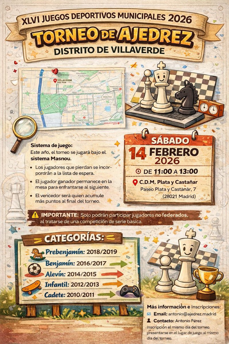 ♟El #ajedrez se cita en #Villaverde por los 46 Juegos Deportivos Municipales

✅Competiciones por categoría
📋Sistema Masnou
❗Sólo podrán participar jugadores no federados

🗓Sábado 14 de febrero, a las 11:00 h

informate.madrid.es/mruvv