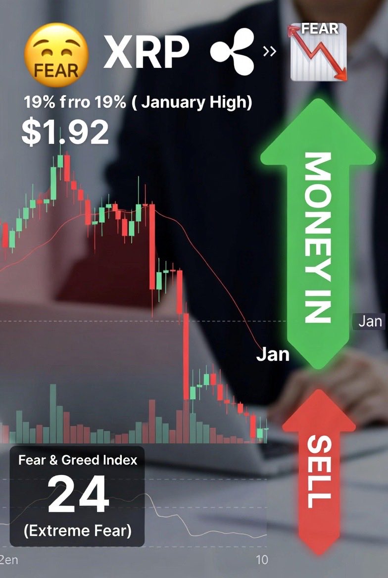 その損切りは、機関投資家の「養分」そのもの。 恐怖指数がMAX（Extreme  Fearゾーン）で小口がパニック売りする裏側で、機関は安値で大量買い集め中。 📉 XRPは1月高値から約19%下落 → $1.92前後 😱  センチメント極端な恐怖（Fear & Greed Index 24付近） 💰 機関流入 ...